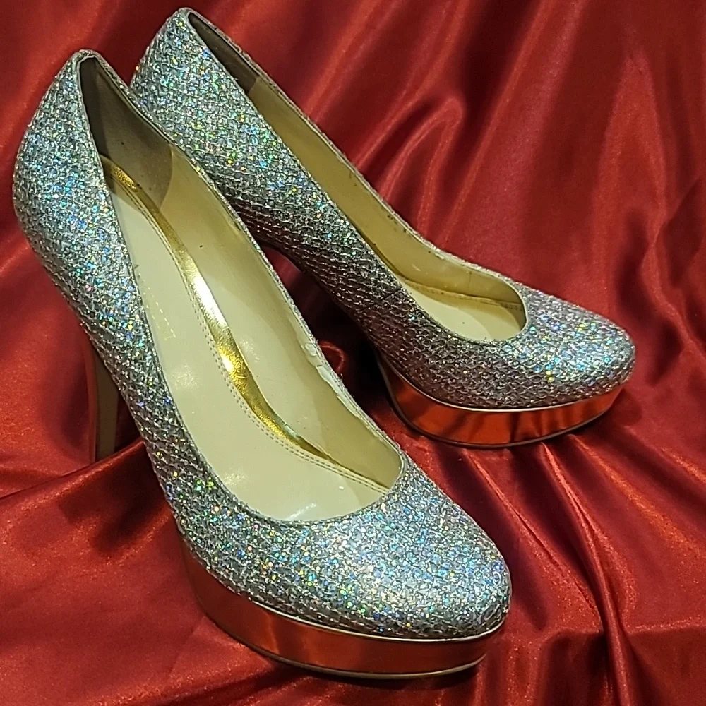ENZO ANGIOLINI sz7.5 Smiles Easmiles platform stiletto RAINBOW GLITTER